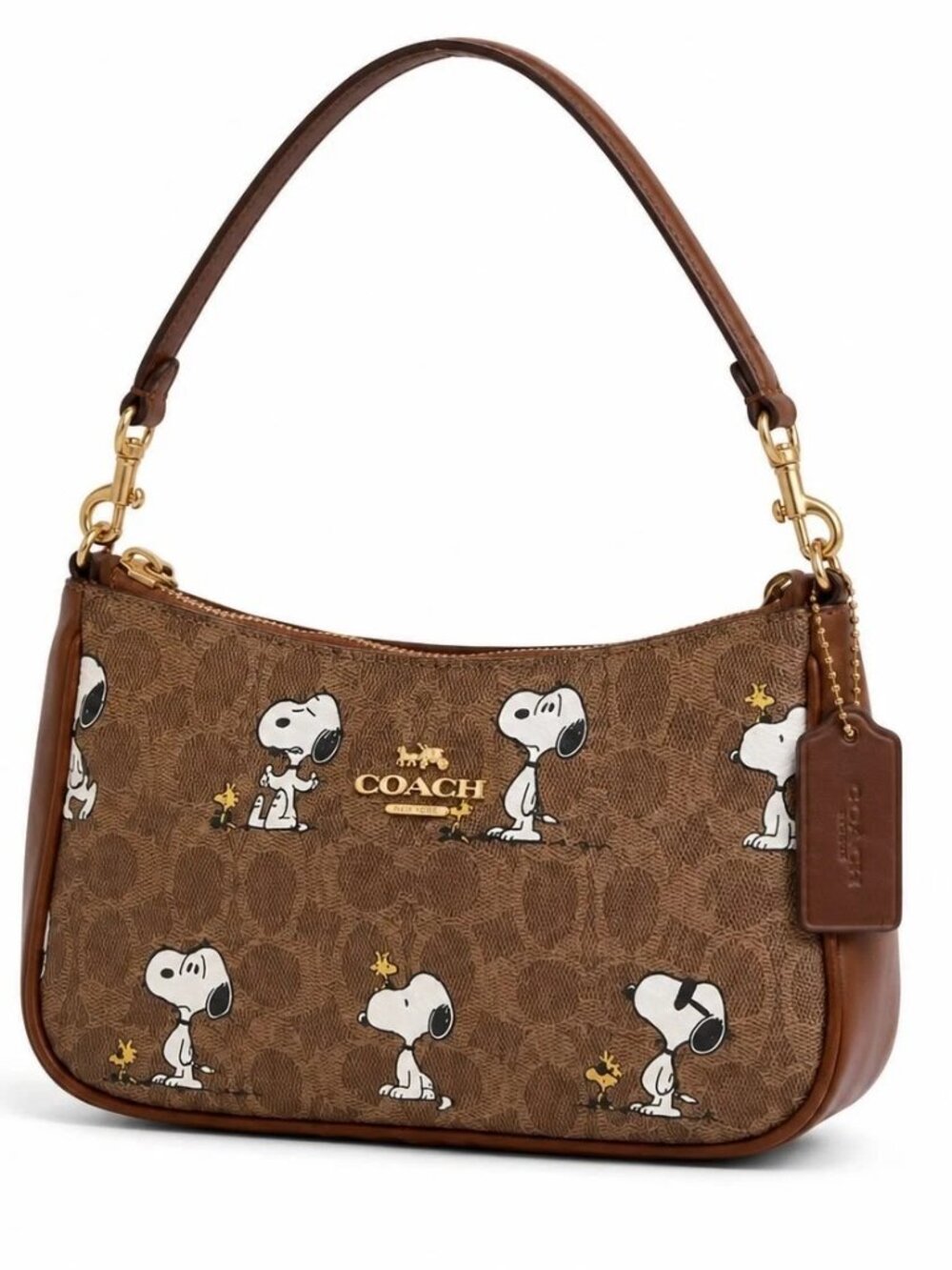 Coach Peanuts Snoopy Shoulder Bag Brown Signature Canvas Gold Hardware CBJ88